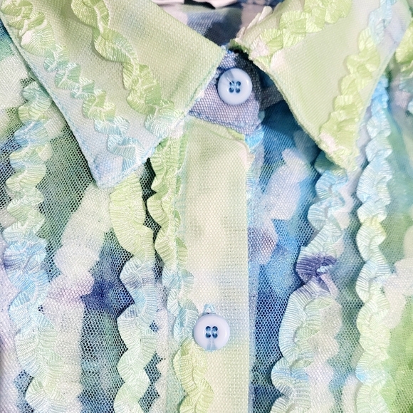 Erin London SZ XL Sheer Blouse Green Blue Stripe Textured Mesh Button Front Top - Picture 6 of 13